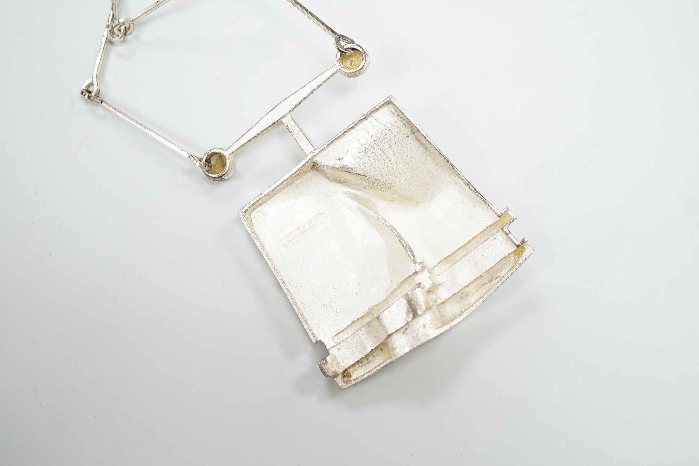 A modern Finnish sterling abstract pendant necklace, 84cm, 52 grams.